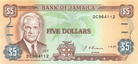 Jamaïque JAMAIQUE  NORMAN MANLEY - 5 DOLLARS 1992 - NEUF