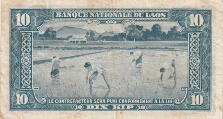 Laos 10 Kip Pagode, cultivateurs de riz - 1957 Série 2-A