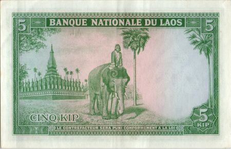 Laos 5 Kip - S.Vong - Temple et éléphant - 1962 - A 1