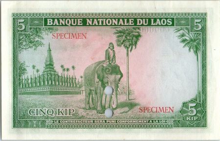 Laos 5 Kip - S.Vong - Temple et éléphant - 1962 - Spécimen