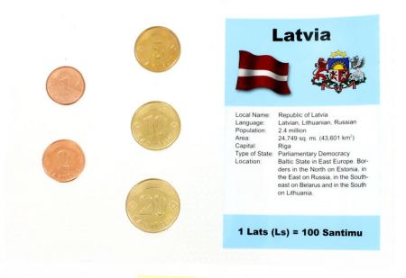 Lettonie Blister 5 monnaies LETTONIE (1 santims à 20 santimu)
