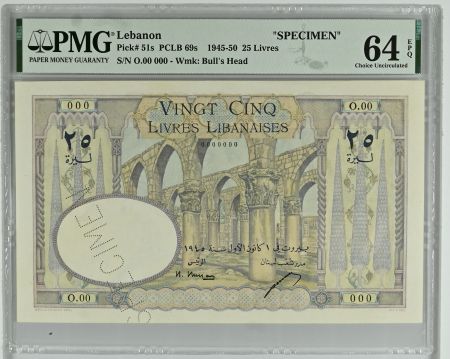 Liban 25 Livres 1945 - Banque de Syrie et du Liban - Spécimen - P.51s - PMG 64