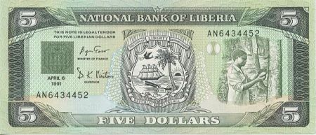 Liberia 5 Dollars Caoutchouc - Banque