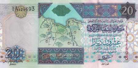 Libye 20 Dinars - Carte de la Libye - Mouammar Kadhafi & les membres de l\'OUA - ND (2002) - P.67a