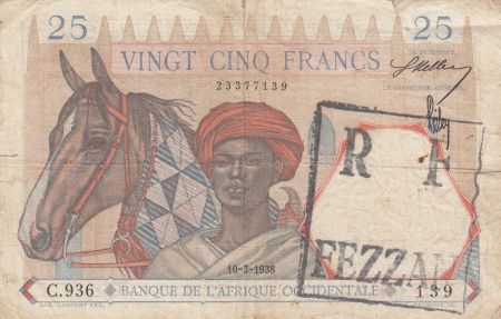 Libye 25 Francs 1938(1942) - Homme et cheval, Lion - Chiffres bleus, surchargé RF FEZZAN