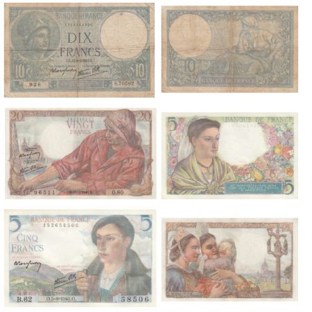 Lot des trois billets français - 10 Francs Minerve - 20 Francs Pêcheur - 5 Francs Berger