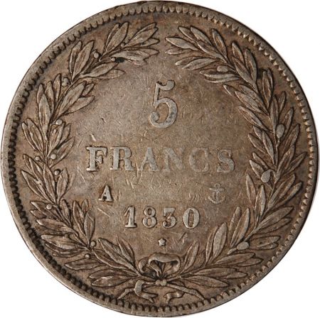 LOUIS PHILIPPE - 5 FRANCS ARGENT 1830 A PARIS  Type Tiolier  Tr creux\ \ 