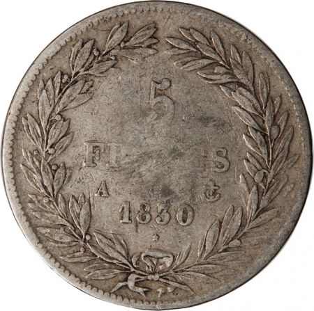 LOUIS PHILIPPE - 5 FRANCS ARGENT 1830 A PARIS Type Tiolier  Tr creux\ \ 