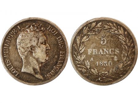 LOUIS PHILIPPE - 5 FRANCS ARGENT 1830 A PARIS Type Tiolier  Tr relief\ \ 