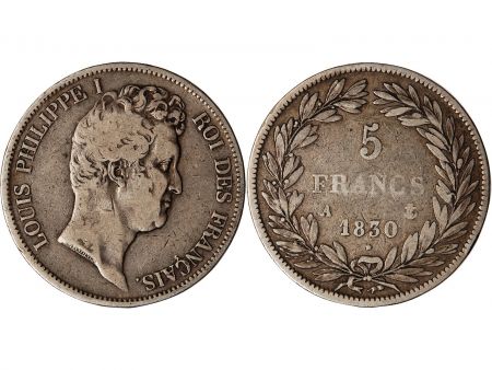 LOUIS PHILIPPE - 5 FRANCS ARGENT 1830 A PARIS Type Tiolier  Tr relief\ \ 