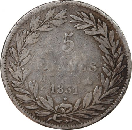 LOUIS PHILIPPE - 5 FRANCS ARGENT 1831 B ROUEN Type Tiolier  Tr creux\ \ 
