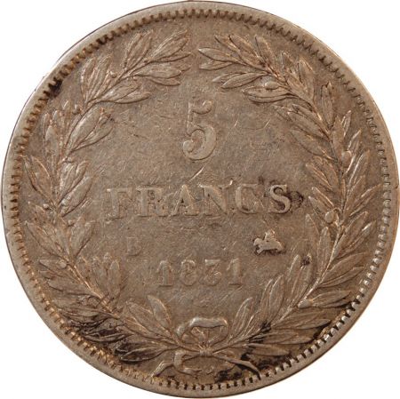 LOUIS PHILIPPE - 5 FRANCS ARGENT 1831 B ROUEN Type Tiolier  Tr relief\ \ 