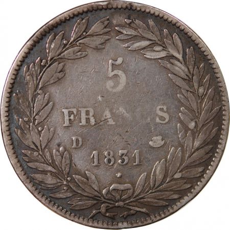 LOUIS PHILIPPE - 5 FRANCS ARGENT 1831 D LYON Type Tiolier  Tr creux\ \ 