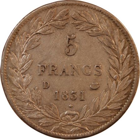 LOUIS PHILIPPE - 5 FRANCS ARGENT 1831 D LYON Type Tiolier avec le I  Tr creux\ \ 