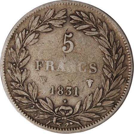 LOUIS PHILIPPE - 5 FRANCS ARGENT 1831 W LILLE Type Tiolier  Tr creux\ \ 