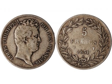 LOUIS PHILIPPE - 5 FRANCS ARGENT 1831 W LILLE Type Tiolier  Tr creux\ \ 