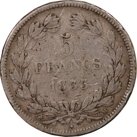 LOUIS PHILIPPE - 5 FRANCS ARGENT 1833 M TOULOUSE Type Domard  Tr relief\ \ 