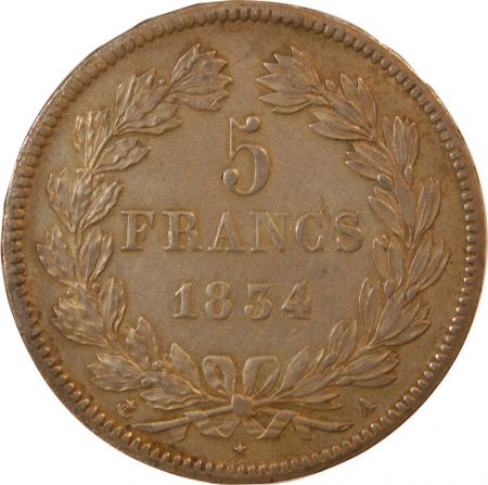LOUIS PHILIPPE - 5 FRANCS ARGENT 1834 A PARIS 2e Type Domard\ \ 