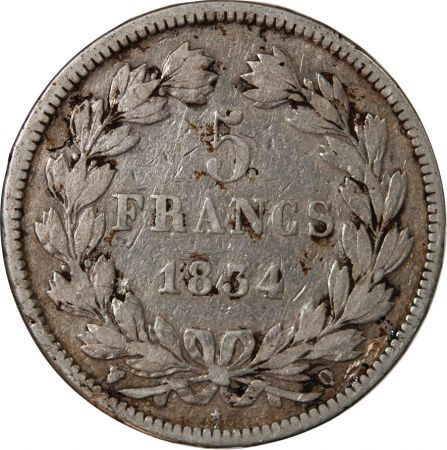 LOUIS PHILIPPE - 5 FRANCS ARGENT 1834 Q PERPIGNAN Type Domard  Tr relief\ \ 