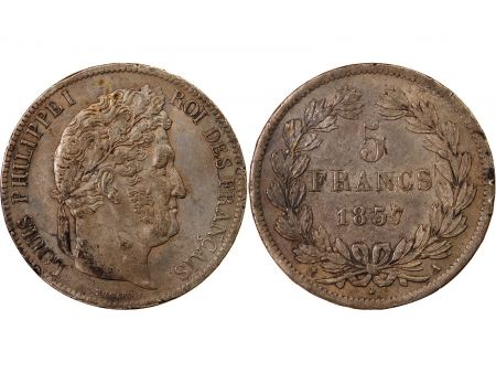 LOUIS PHILIPPE - 5 FRANCS ARGENT 1837 A PARIS Type Domard  Tr relief\ \ 