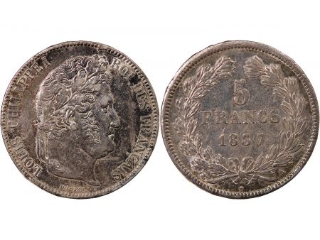 LOUIS PHILIPPE - 5 FRANCS ARGENT 1837 A PARIS Type Domard  Tr relief\ \ 