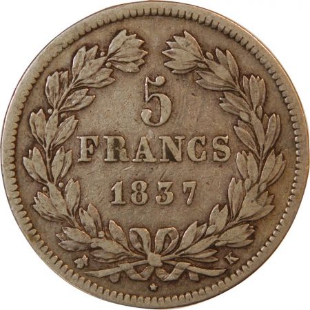 LOUIS PHILIPPE - 5 FRANCS ARGENT 1837 K BORDEAUX 2e Type Domard\ \ 