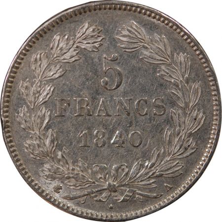 LOUIS PHILIPPE - 5 FRANCS ARGENT 1840 A PARIS Type Domard  Tr relief\ \ 