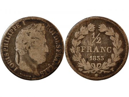 LOUIS-PHILIPPE Ier - 1/2 FRANC ARGENT 1833 T NANTES - RARE