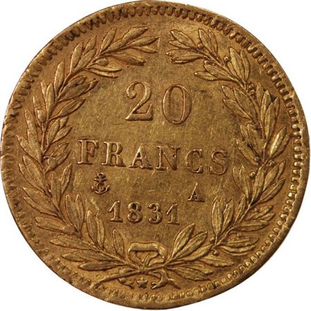 LOUIS PHILIPPE Ier - 20 FRANCS OR 1831 A PARIS Tête Nue Tranche en Creux\ \ 