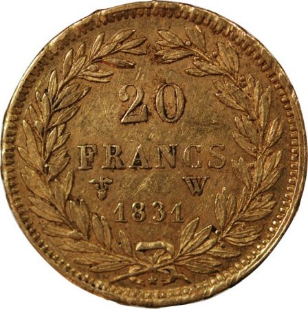 LOUIS PHILIPPE Ier - 20 FRANCS OR 1831 W LILLE Tête Nue Tranche en Relief\ \ 