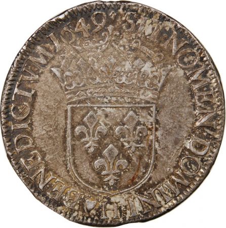 LOUIS XIV - ECU ARGENT A LA MECHE LONGUE 1649 H LA ROCHELLE