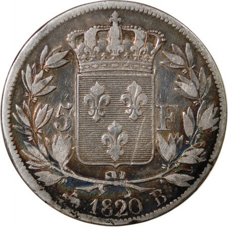 LOUIS XVIII - 5 FRANCS ARGENT 1820 B ROUEN