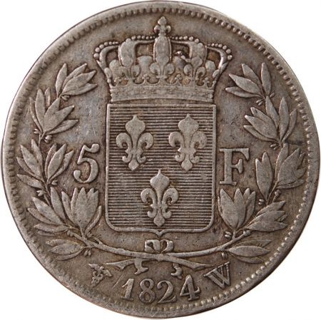 LOUIS XVIII - 5 FRANCS ARGENT 1824 W LILLE