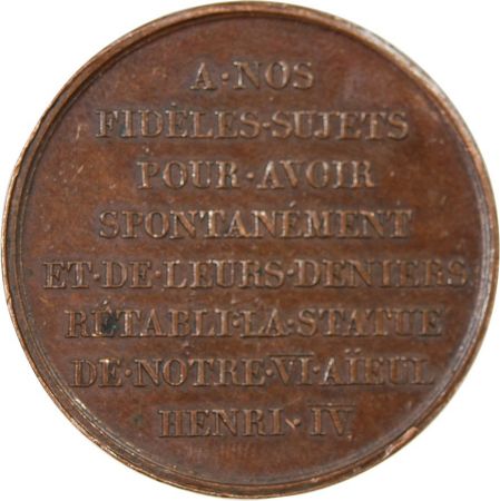 LOUIS XVIII  RETABLISSEMENT DE LA STATUE D\'HENRI IV - MEDAILLE CUIVRE 1817