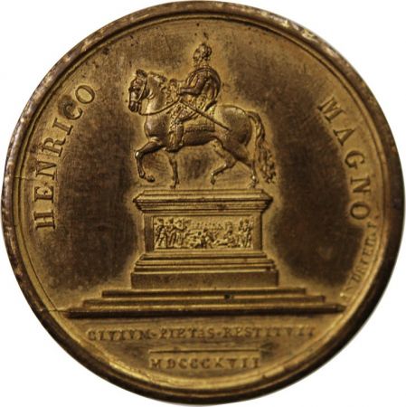LOUIS XVIII  STATUE D\'HENRI IV - MEDAILLE CUIVRE poinçon Corne (après 1879)