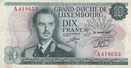 Luxembourg 10 Francs Grand Duc Jean - Pont - 20-03-1967 - Lettre A