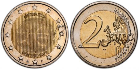 Luxembourg 2 Euros Commémo. Fautée LUXEMBOURG 2009 - 10 ans EMU - PCGS MS64 Struck-Through Obv.