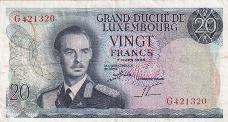 Luxembourg 20 Francs Grand Duc Jean - Paysage - 07-03-1966 - Lettre G - P.54