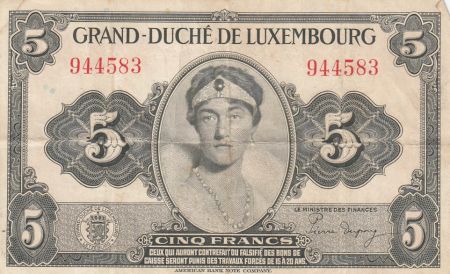 Luxembourg 5 Francs Grande Duchesse Charlotte - 1944 - Numéro 944583