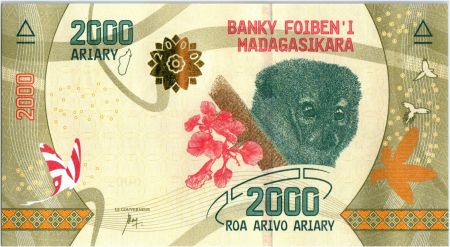 Madagascar 2000 Ariary - Lémurien - Fleurs - ND (2017) - Série C - P101