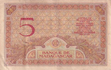 Madagascar 5 Francs - Déesse Junon - 1937 - Sign. Chaudun - Série Z.2585 - TTB - P.35