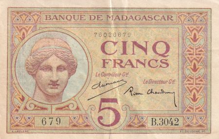Madagascar 5 Francs - Déesse Junon - ND (1937) - Sign. Chaudun - Série B.3042 - P.35