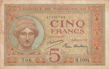 Madagascar 5 Francs Déesse Junon - 1937 - Sign. Chaudun - Série H.1664 - TTB - P.35
