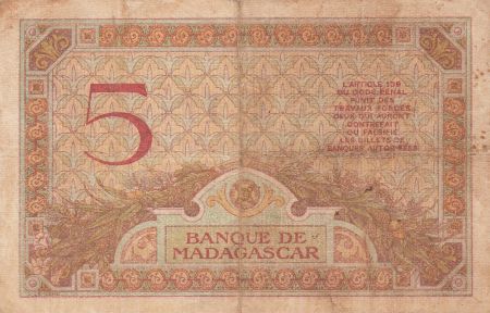Madagascar 5 Francs Déesse Junon - 1937 - Sign. Chaudun - Série H.1664 - TTB - P.35