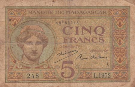 Madagascar 5 Francs Déesse Junon - 1937 - Sign. Chaudun - Série L.1952