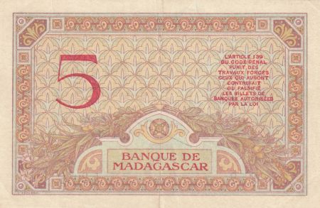 Madagascar 5 Francs Déesse Junon - 1937 - Sign. Chaudun - Série L.3034