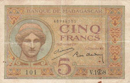 Madagascar 5 Francs Déesse Junon - 1937 - Sign. Chaudun - Série V.1958 - TTB - P.35