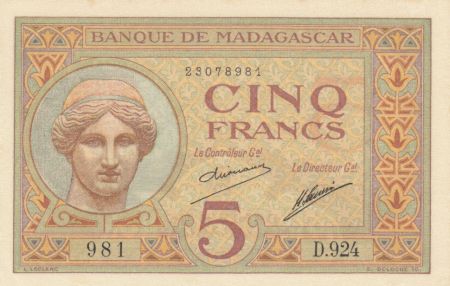 Madagascar 5 Francs Déesse Junon - 1937 - Sign. Saurin