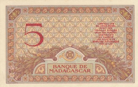 Madagascar 5 Francs Déesse Junon - 1937 - Sign. Saurin