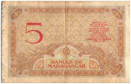 Madagascar 5 Francs Déesse Junon - 1937
